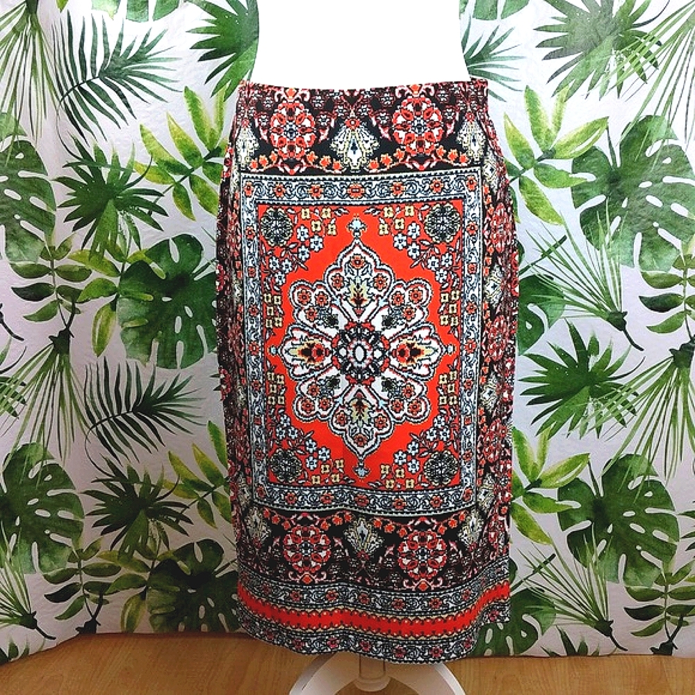 Carmen Marc Valvo Orange & White Floral Midi Skirt (Size: Medium)